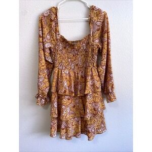 Inspired Hearts Women Med Paisley Print Dress Smocked Tiered Ruffle Long Sleeve